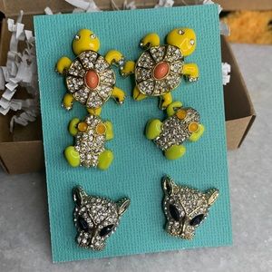 Set of 3 costume jewelry earrings - turtle frog panther